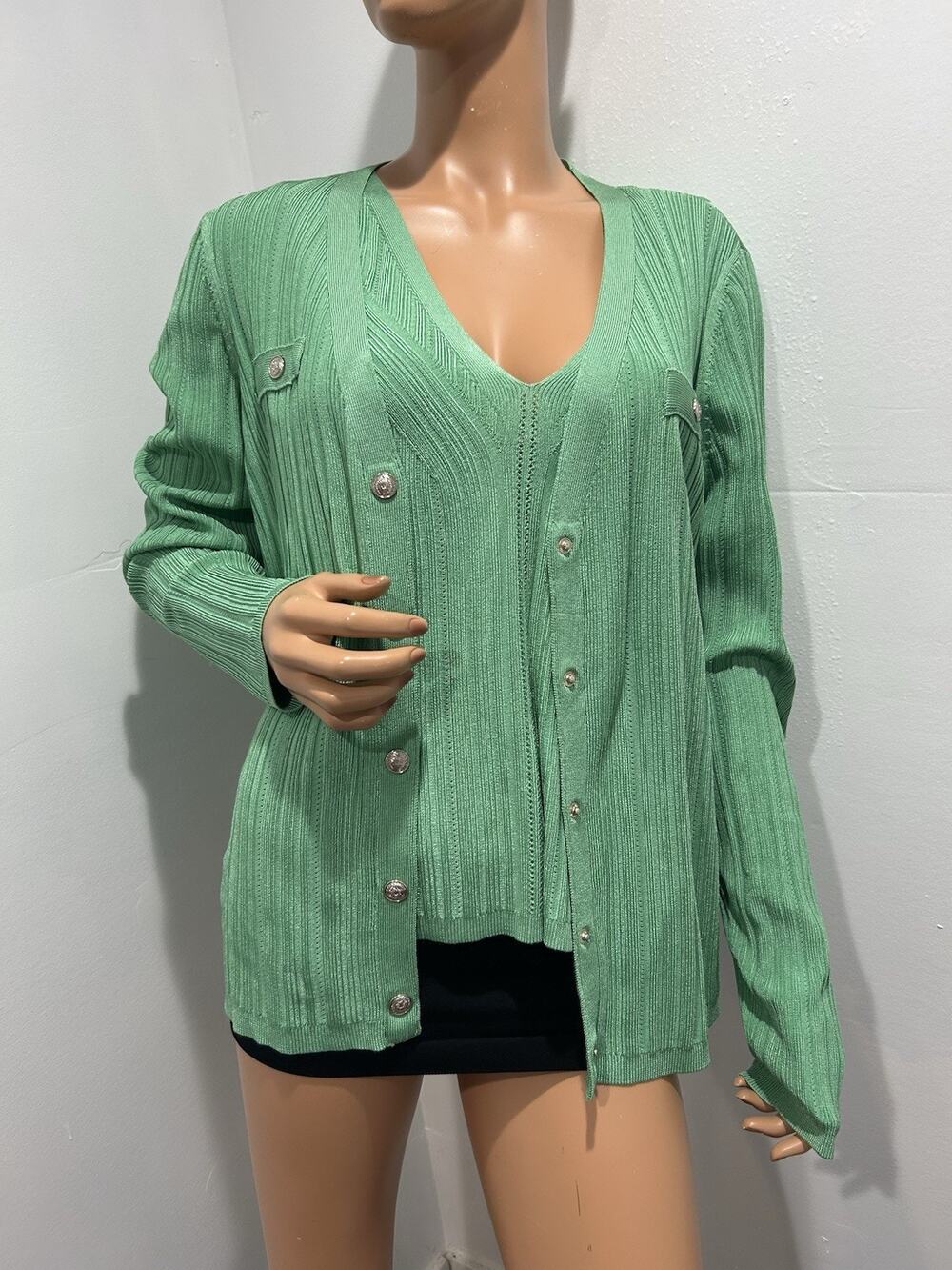 white house black market cardigan set Of 2 Green Knit Snap Closure Long Sleeve